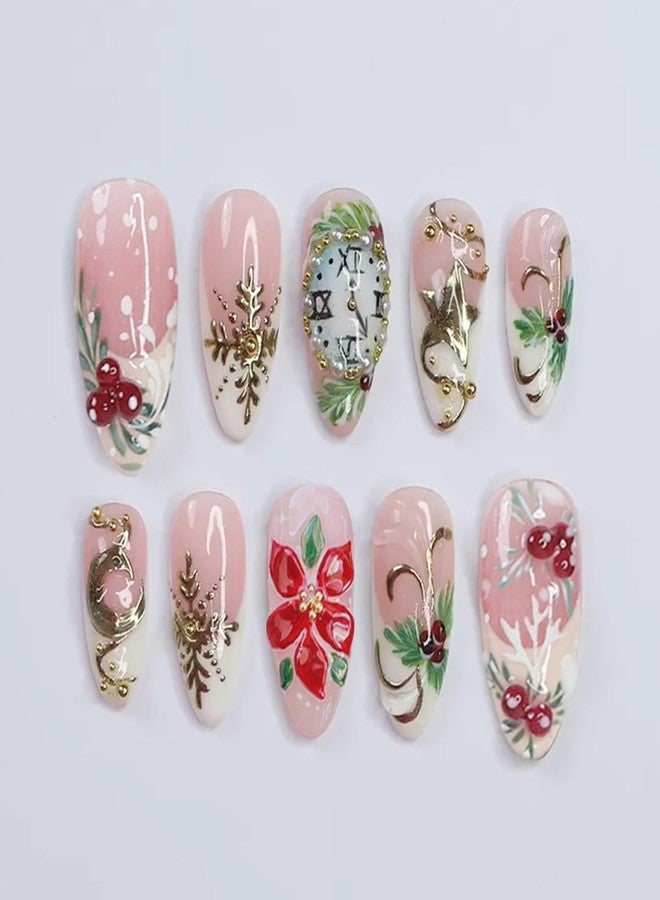 KRTBKR 24Pcs Christmas Press on Nails Medium Almond French Tip Fake Nails Clock with 3D Gold Bead Rhinestones Design Gold Snowflakes Glue on Nails Moon Star False Nails for Women Acrylic New Year Holiday DIY - Image 1